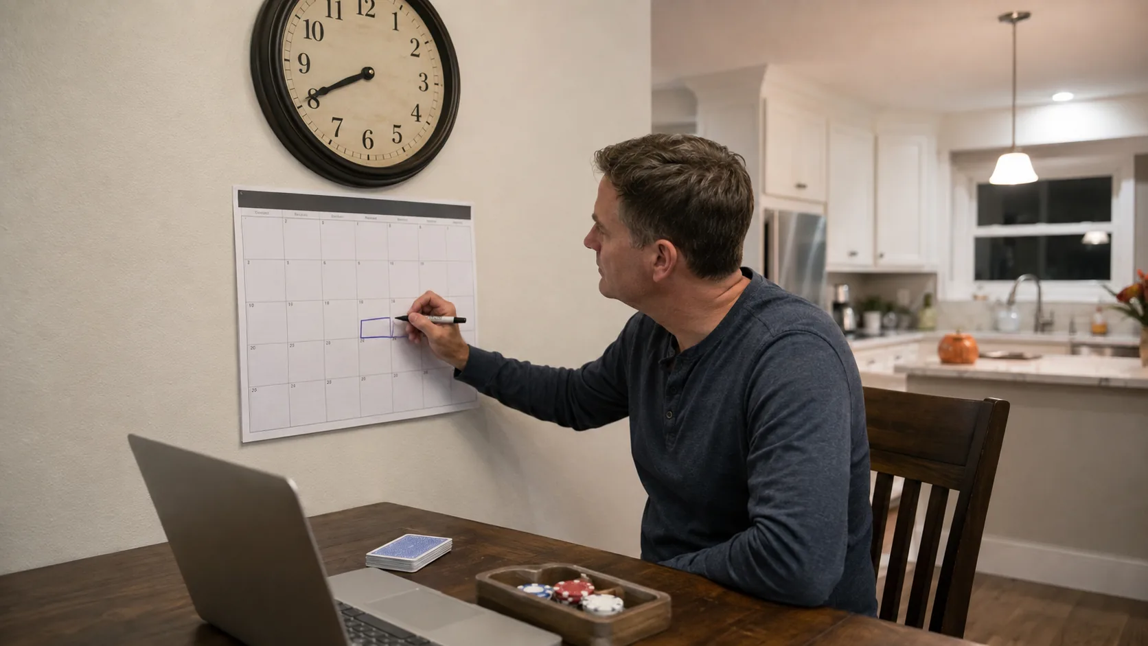 Parent planning an evening on a kitchen calendar with poker chips stored beside a laptop