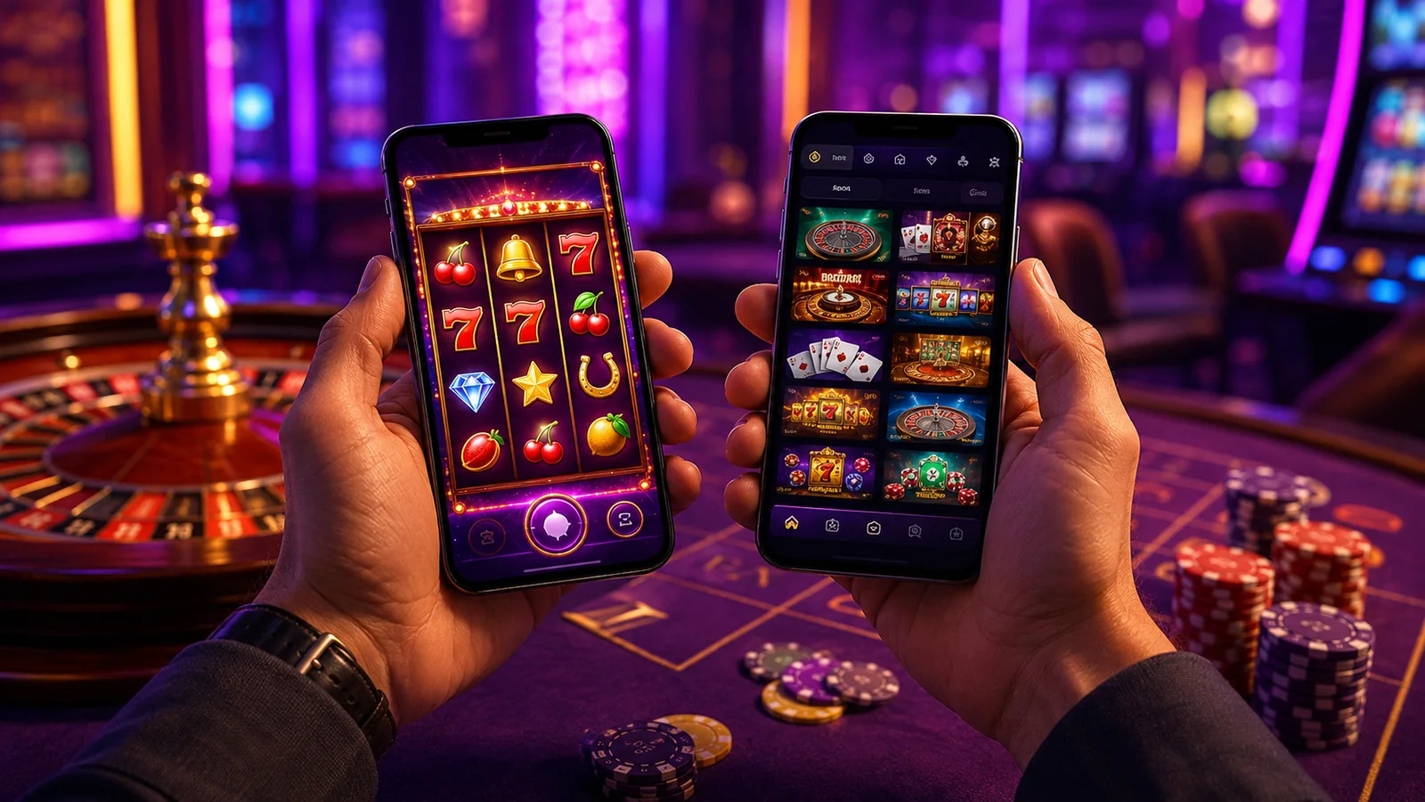 Casino-focused editorial scene illustrating Casino App or Mobile Browser? Choosing the Better Experience