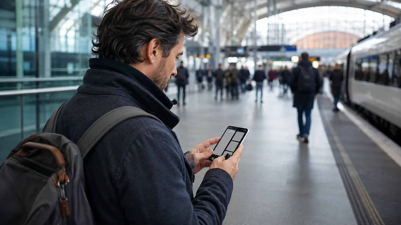 Commuter comparing a phone and tablet at a quiet kitchen counter before leaving home