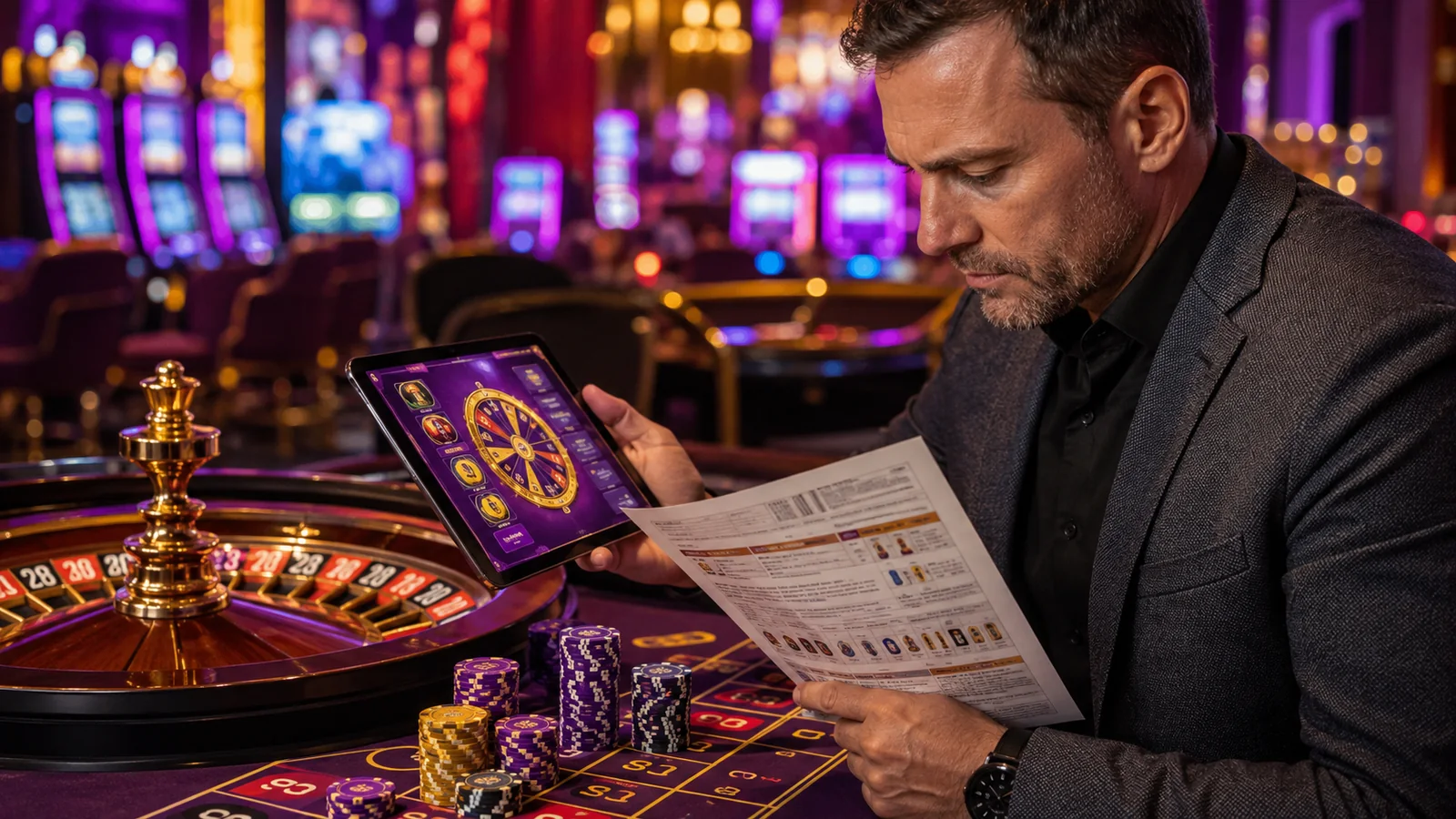 Casino-focused editorial scene illustrating Casino Bonus Terms: A Plain-English Guide to Wagering Rules