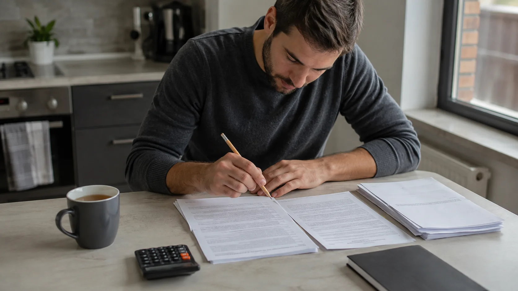 Man reviewing printed promotion conditions with a calculator at a kitchen counter