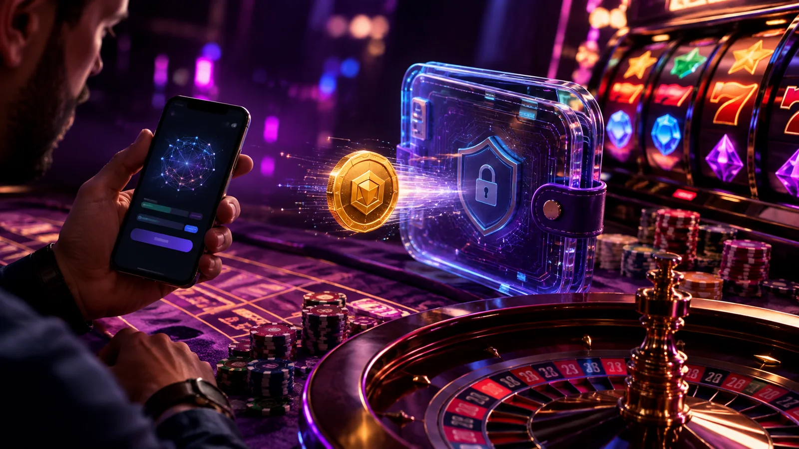 Casino-focused editorial scene illustrating Cryptocurrency Casino Payments: Convenience, Cost, and Risk