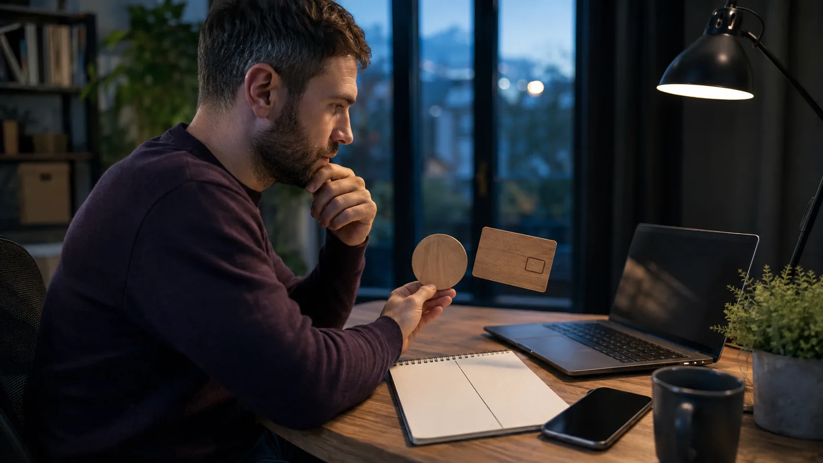 Adult checking a payment checklist beside a hardware wallet and phone at a café table