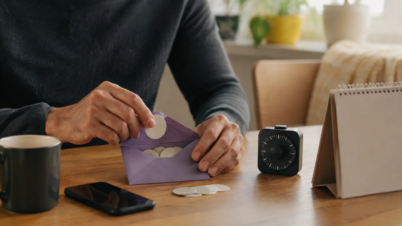 Adult setting a kitchen timer beside a budgeting notebook and closed phone
