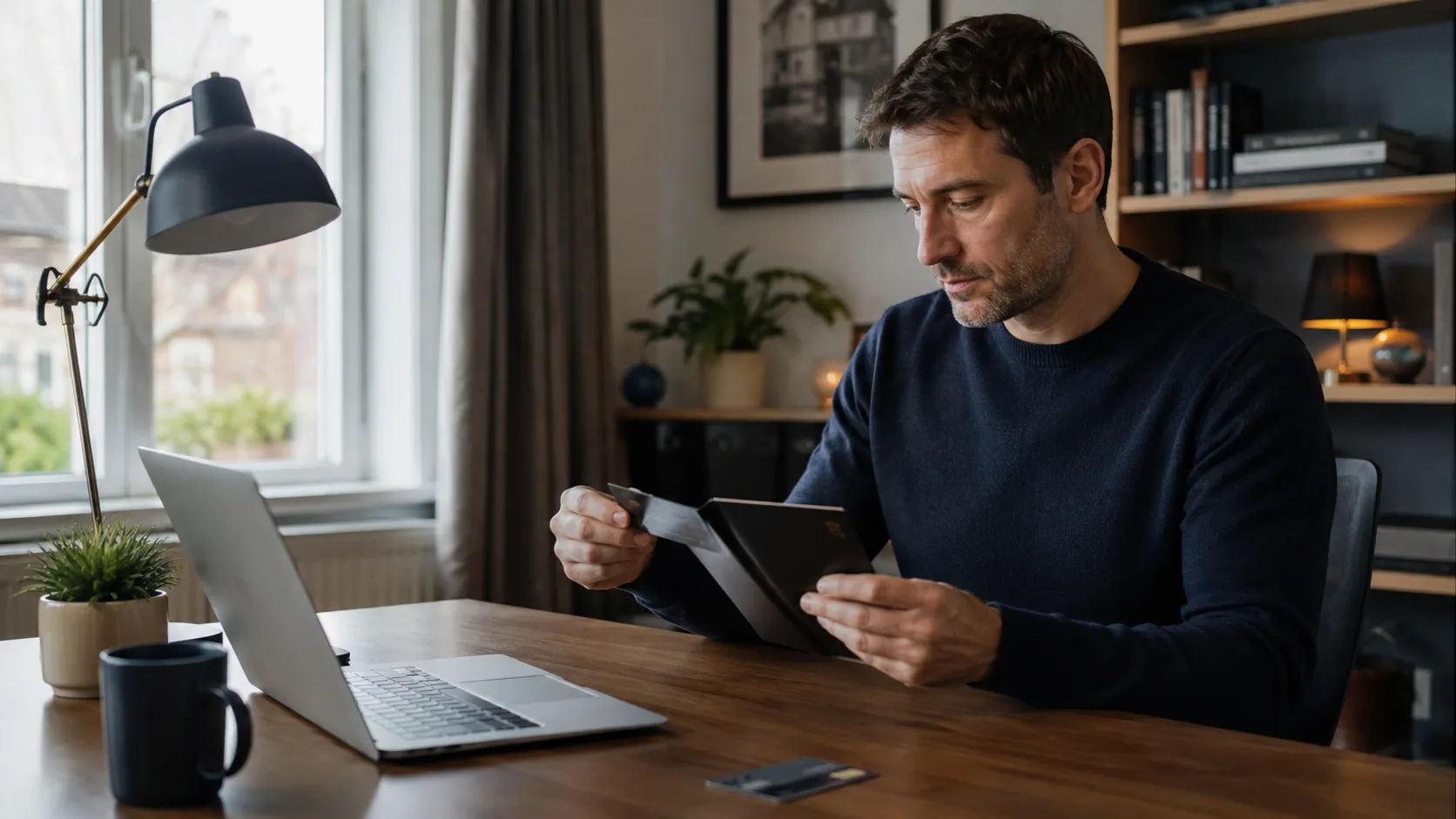 Man placing identification in a privacy sleeve beside a withdrawal checklist and laptop