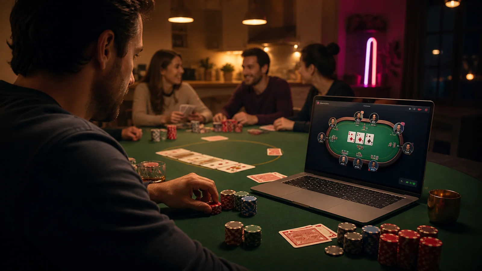 Casino-focused editorial scene illustrating From Home Game to Online Poker: A Calm First-Session Plan