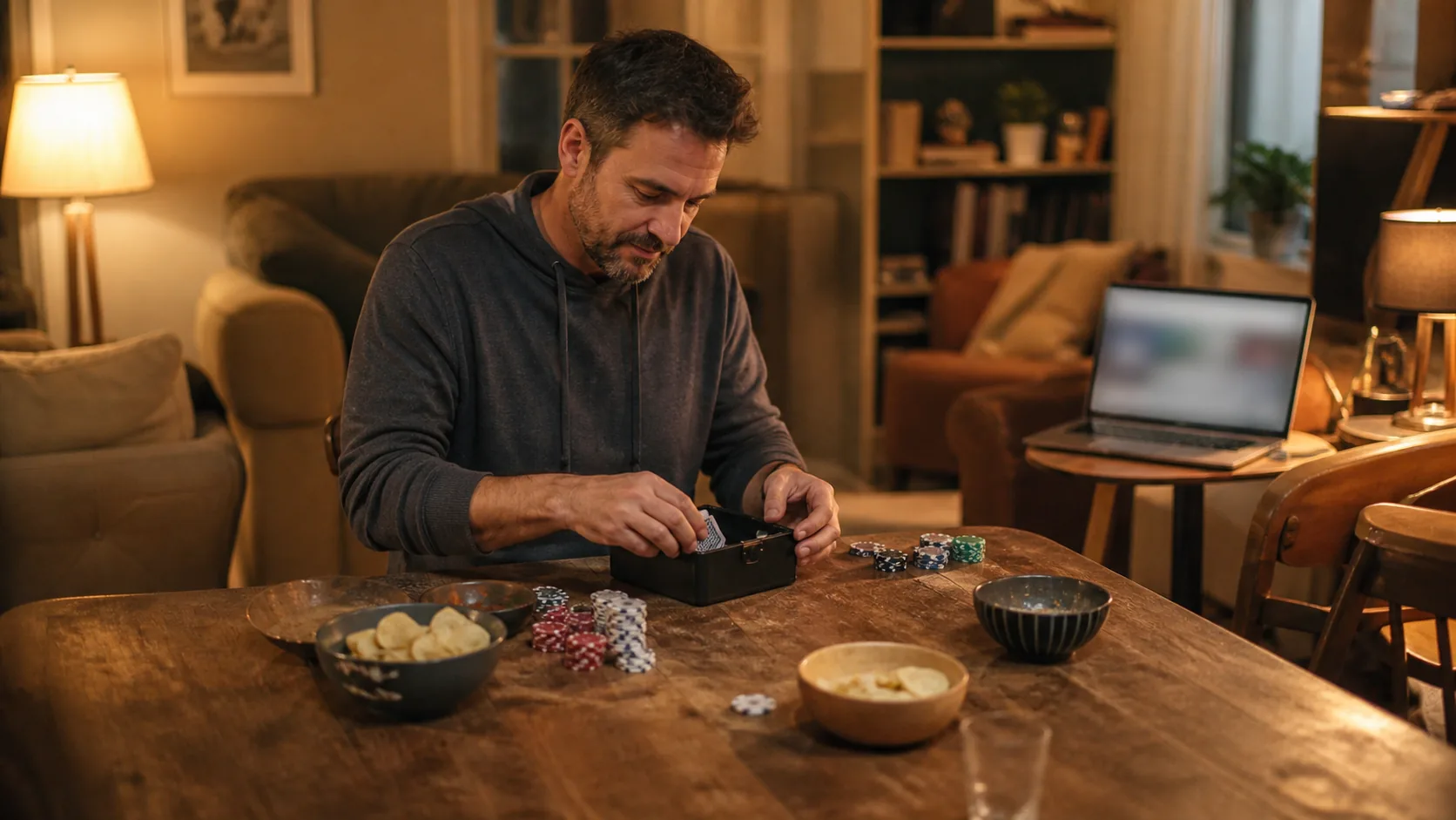 Adult preparing for a first online poker session after packing away a friendly home game