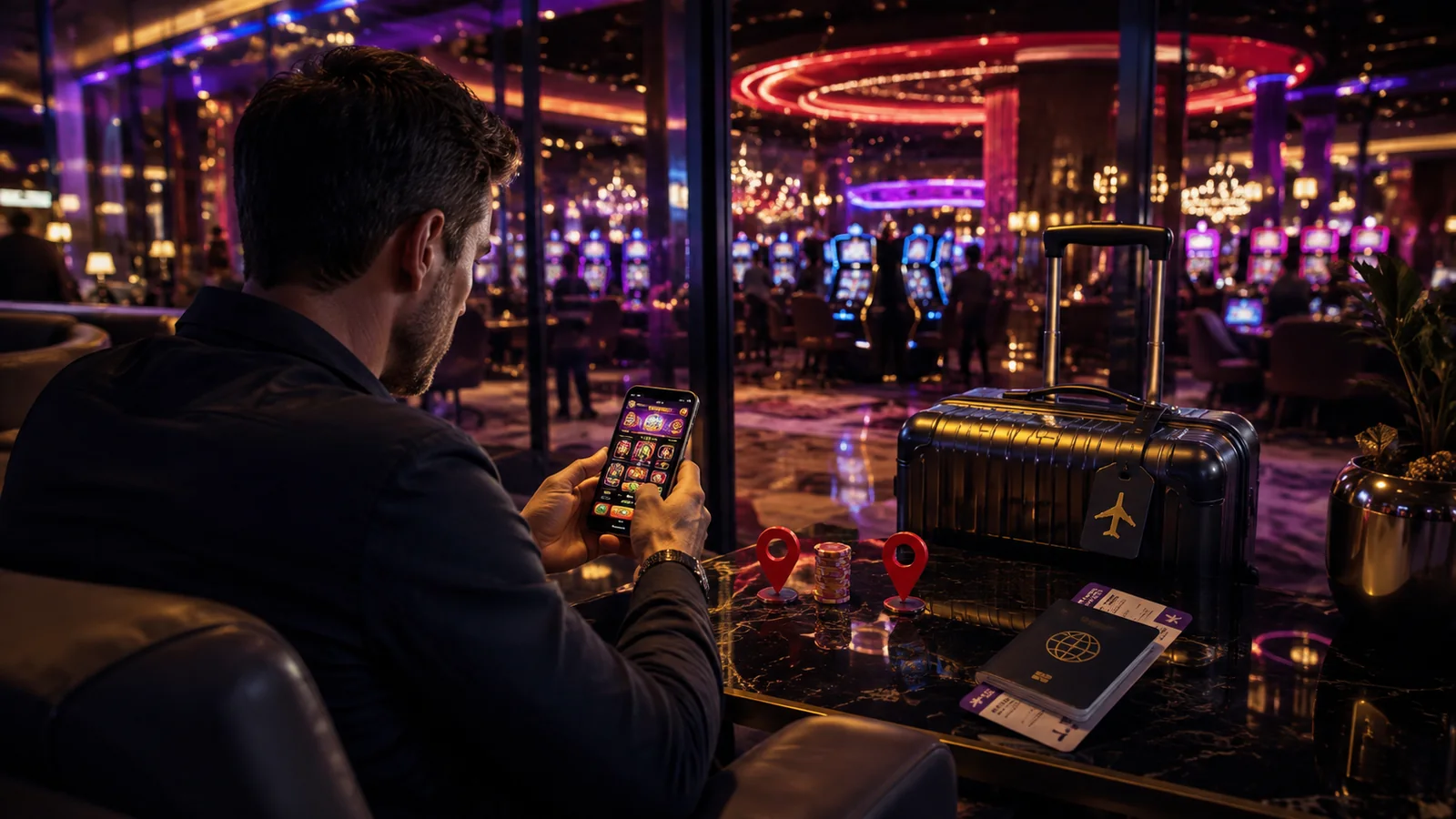 Casino-focused editorial scene illustrating Gambling While Traveling: Location Rules and Account Access