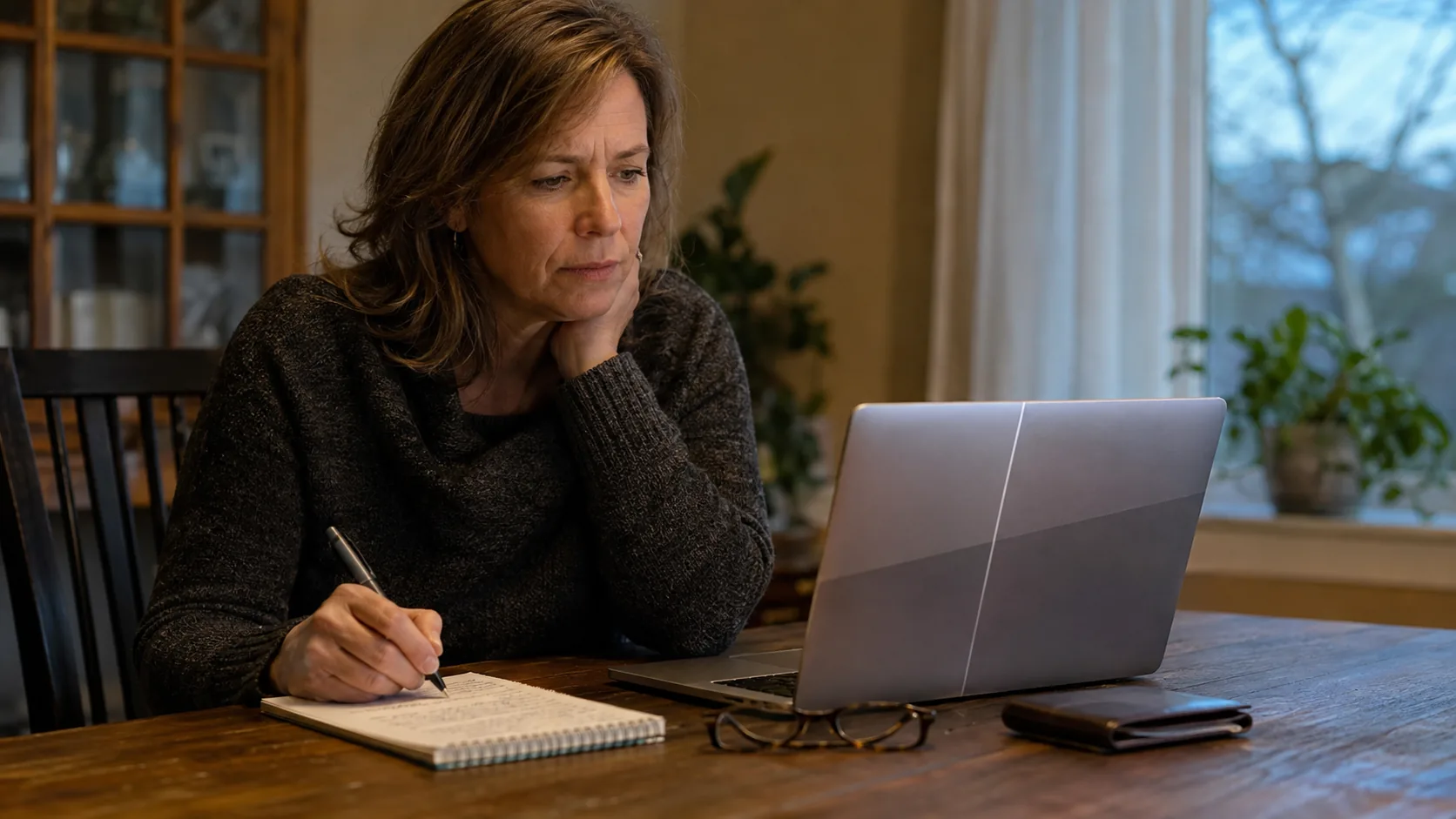 Woman taking notes while comparing casino licensing information on a laptop at home