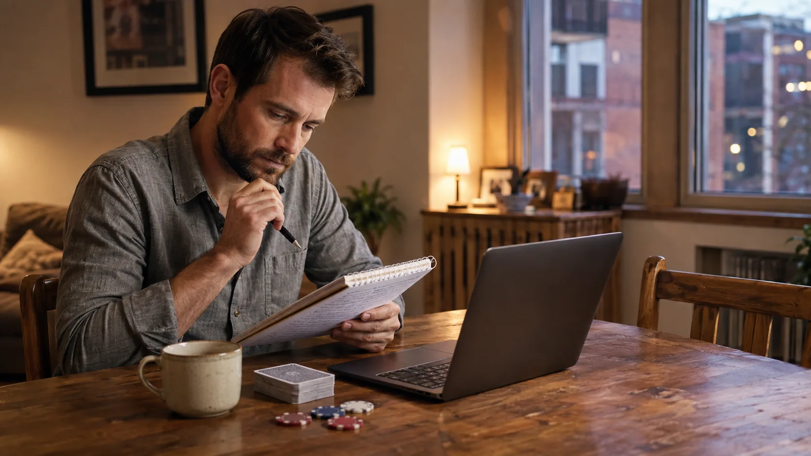 Adult comparing poker-room criteria in a notebook beside a laptop at a quiet dining table