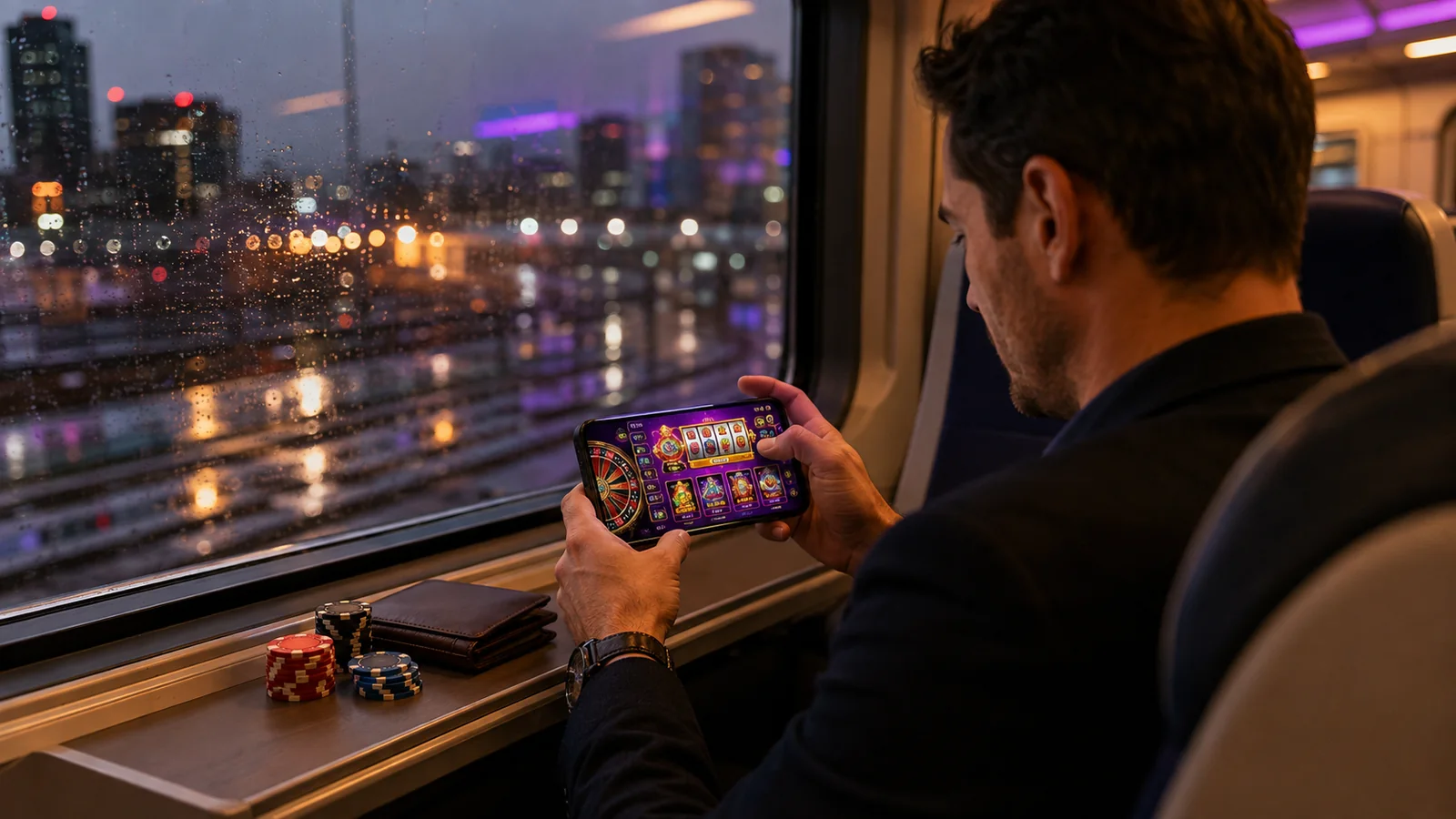 Casino-focused editorial scene illustrating The Mobile Casino Checklist for Commuters and Travelers