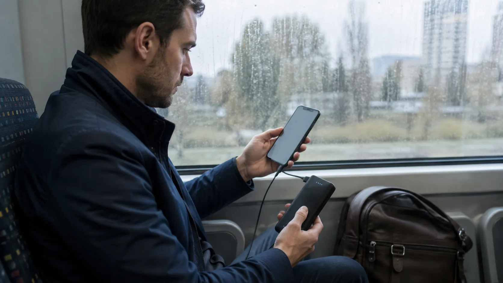 Adult train passenger checking a phone and unbranded power bank beside a rainy window