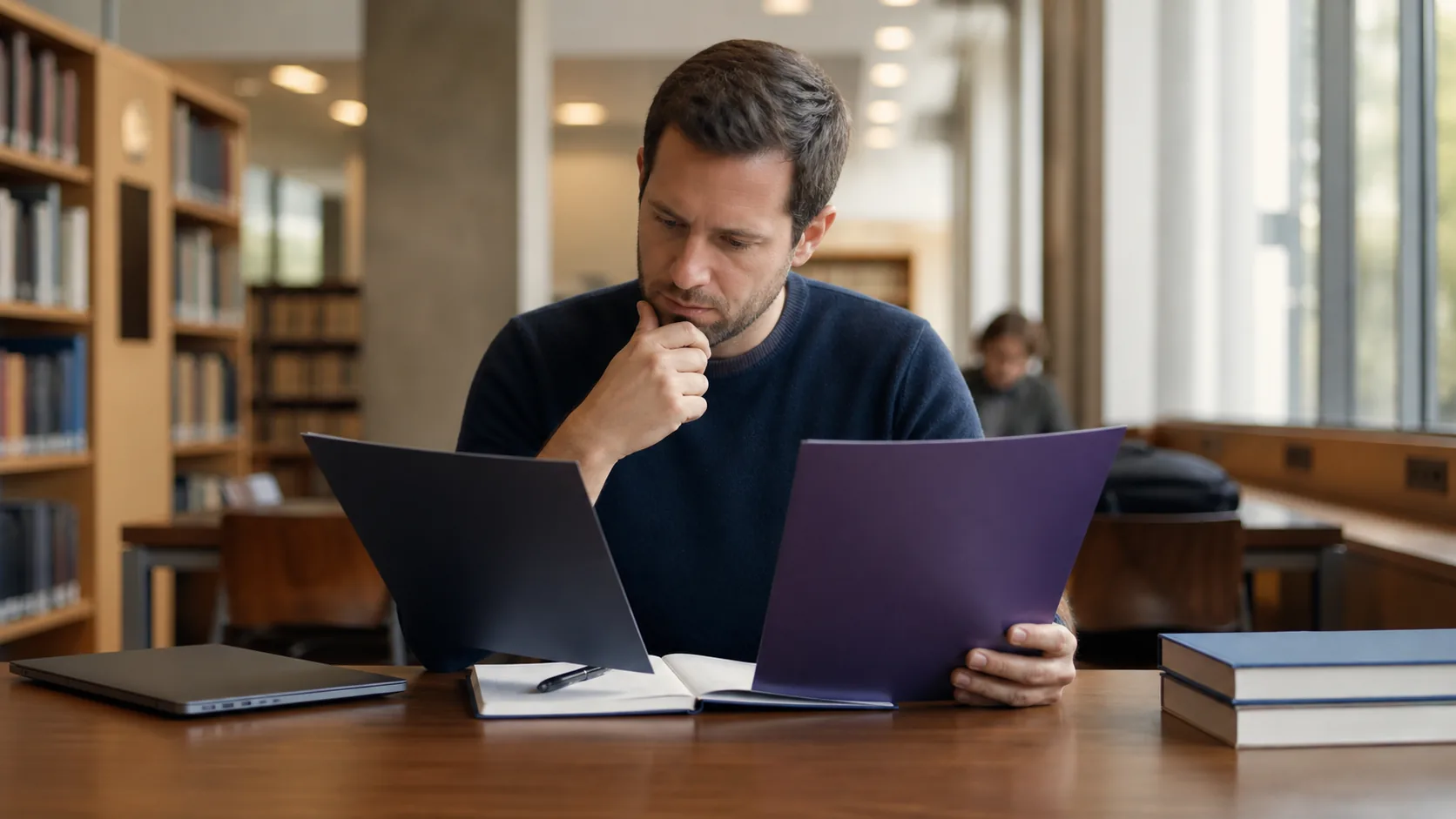 Adult comparing two unbranded casino option folders at a quiet desk