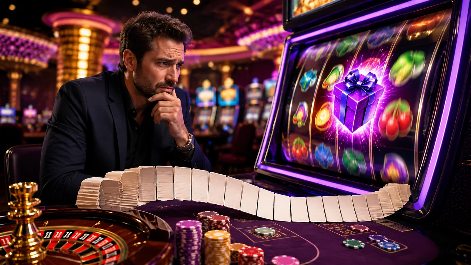 Casino-focused editorial scene illustrating No-Deposit Bonuses: What “Free” Can Really Require