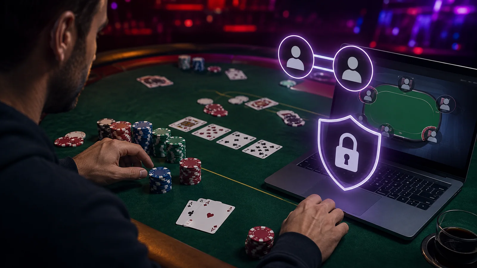 Casino-focused editorial scene illustrating Online Poker Etiquette, Collusion Warnings, and Account Security