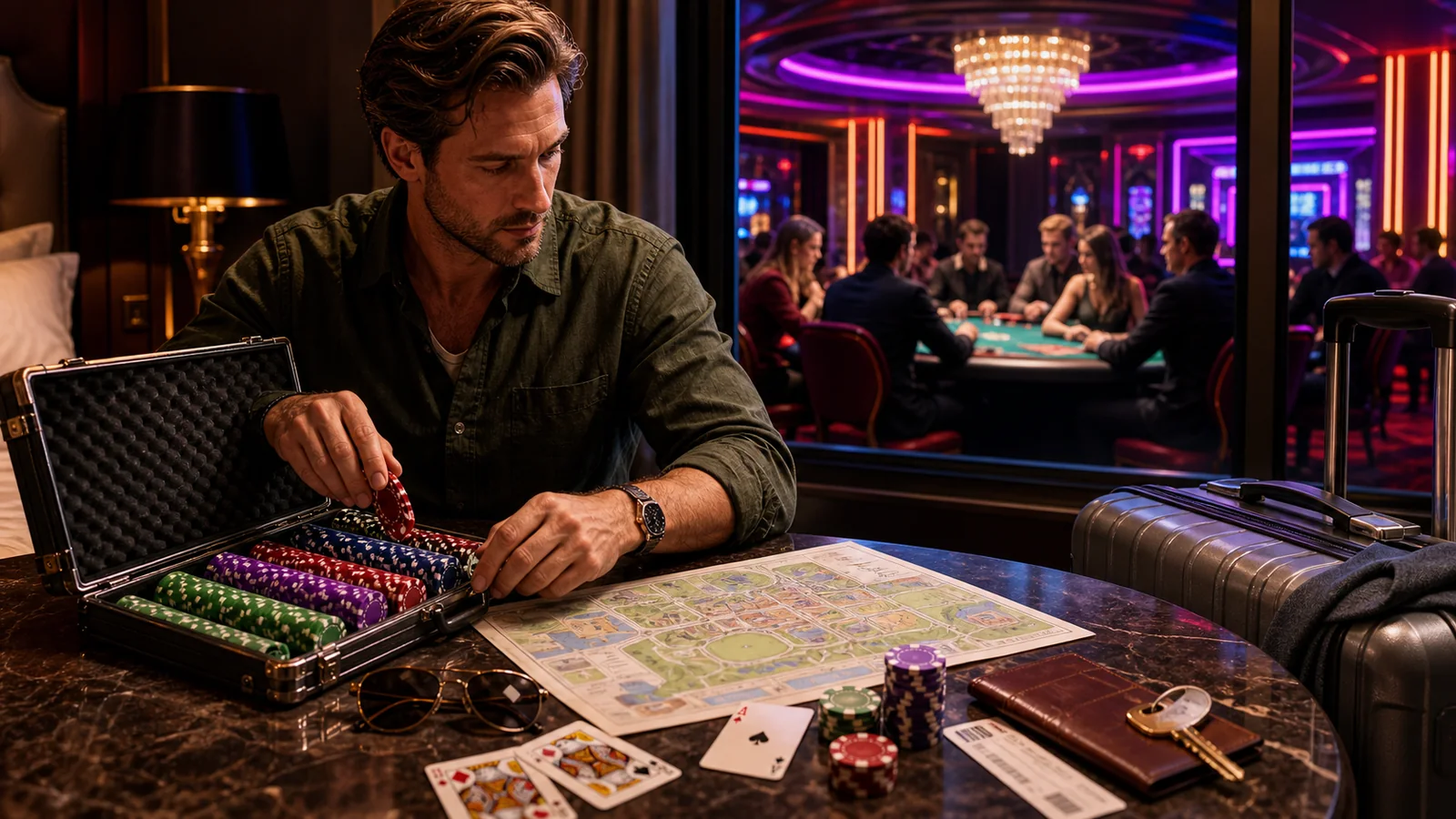 Casino-focused editorial scene illustrating Planning a Live Poker Trip: Budget, Venue, and Travel Checklist
