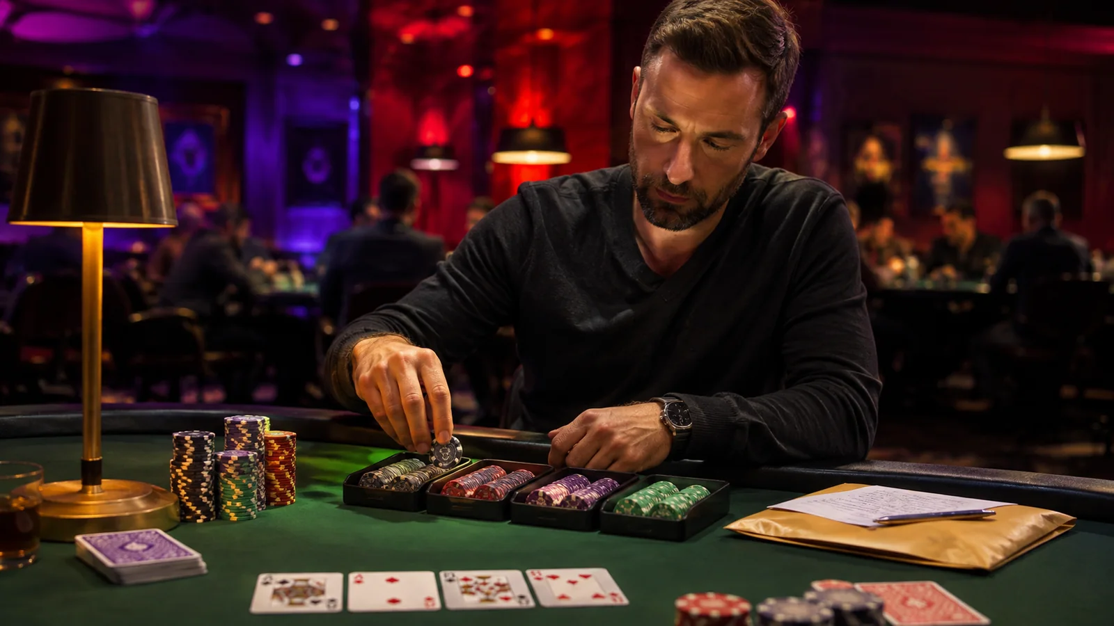 Casino-focused editorial scene illustrating Poker Bankroll Management for a Fixed Entertainment Budget