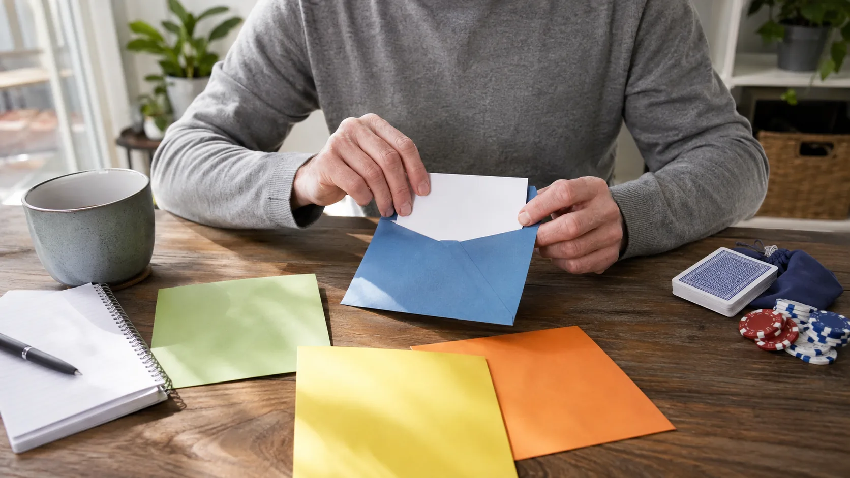 Adult dividing a leisure budget into envelopes at a sunlit desk with poker supplies closed nearby