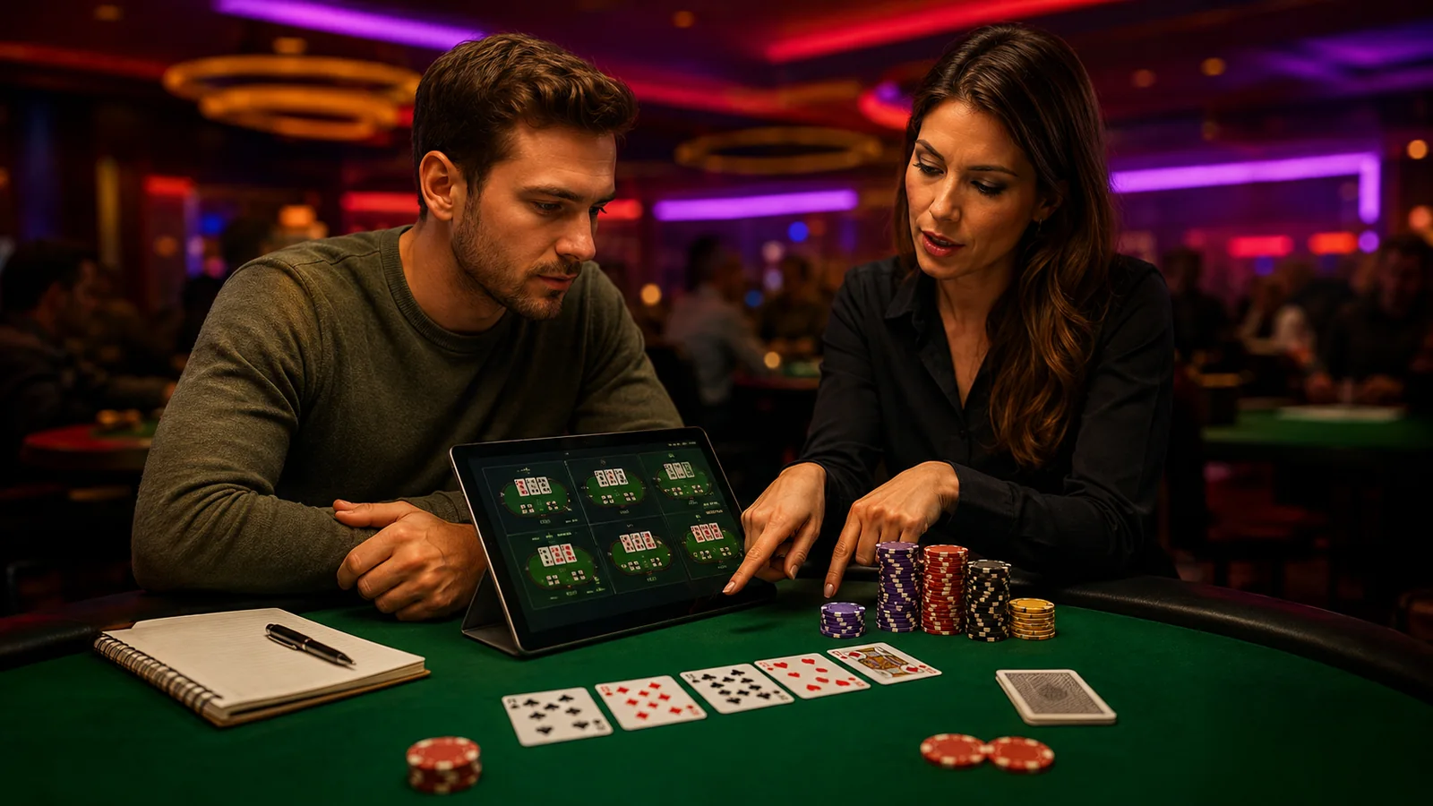 Casino-focused editorial scene illustrating Poker Learning Tools: Where a Beginner’s Budget Goes Furthest