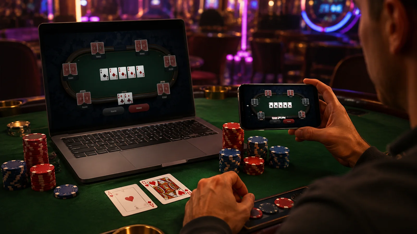 Casino-focused editorial scene illustrating Poker Software and Mobile Experience: What Matters at the Table