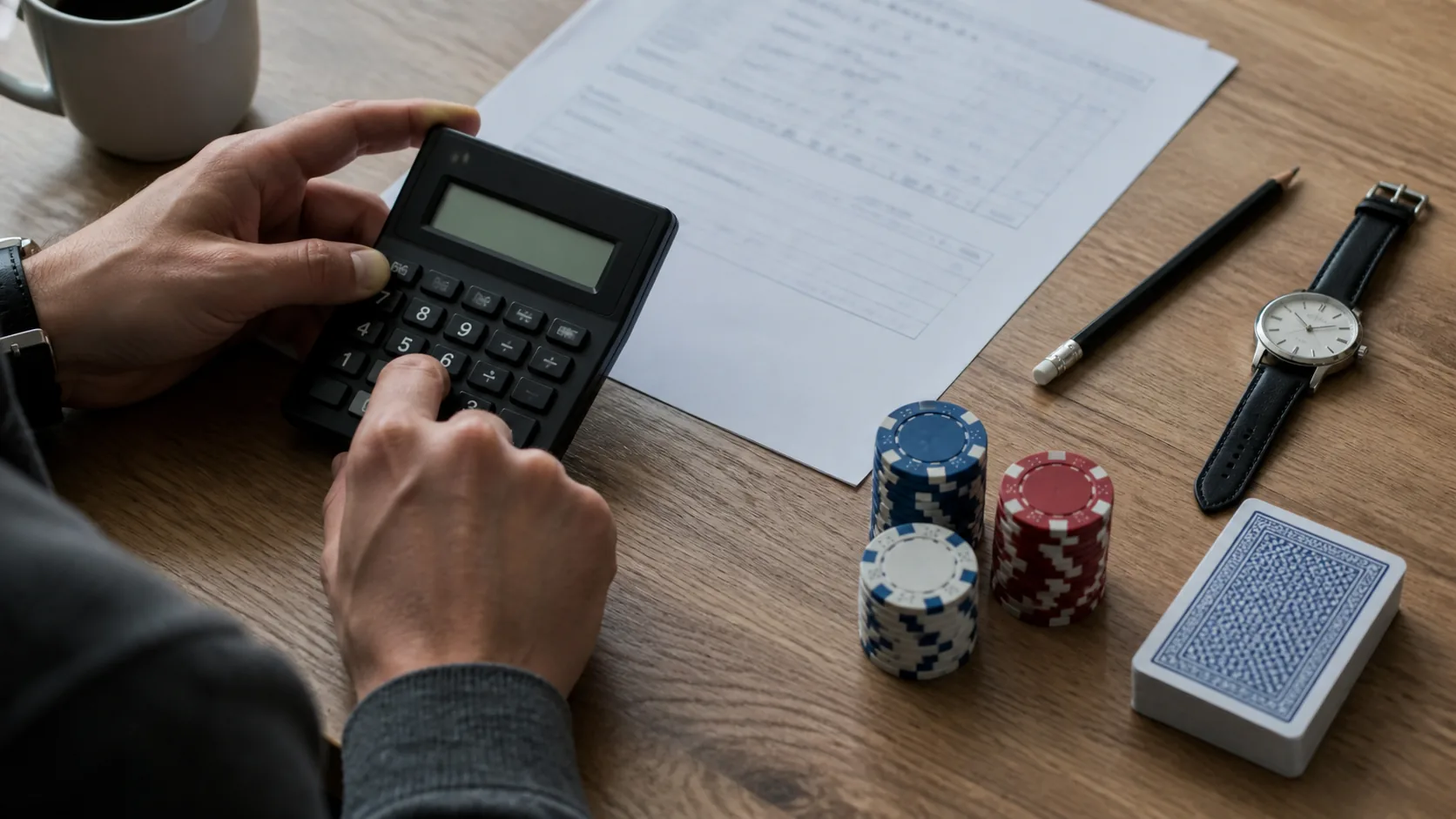 Hands using a calculator beside generic tournament chips and a handwritten cost worksheet