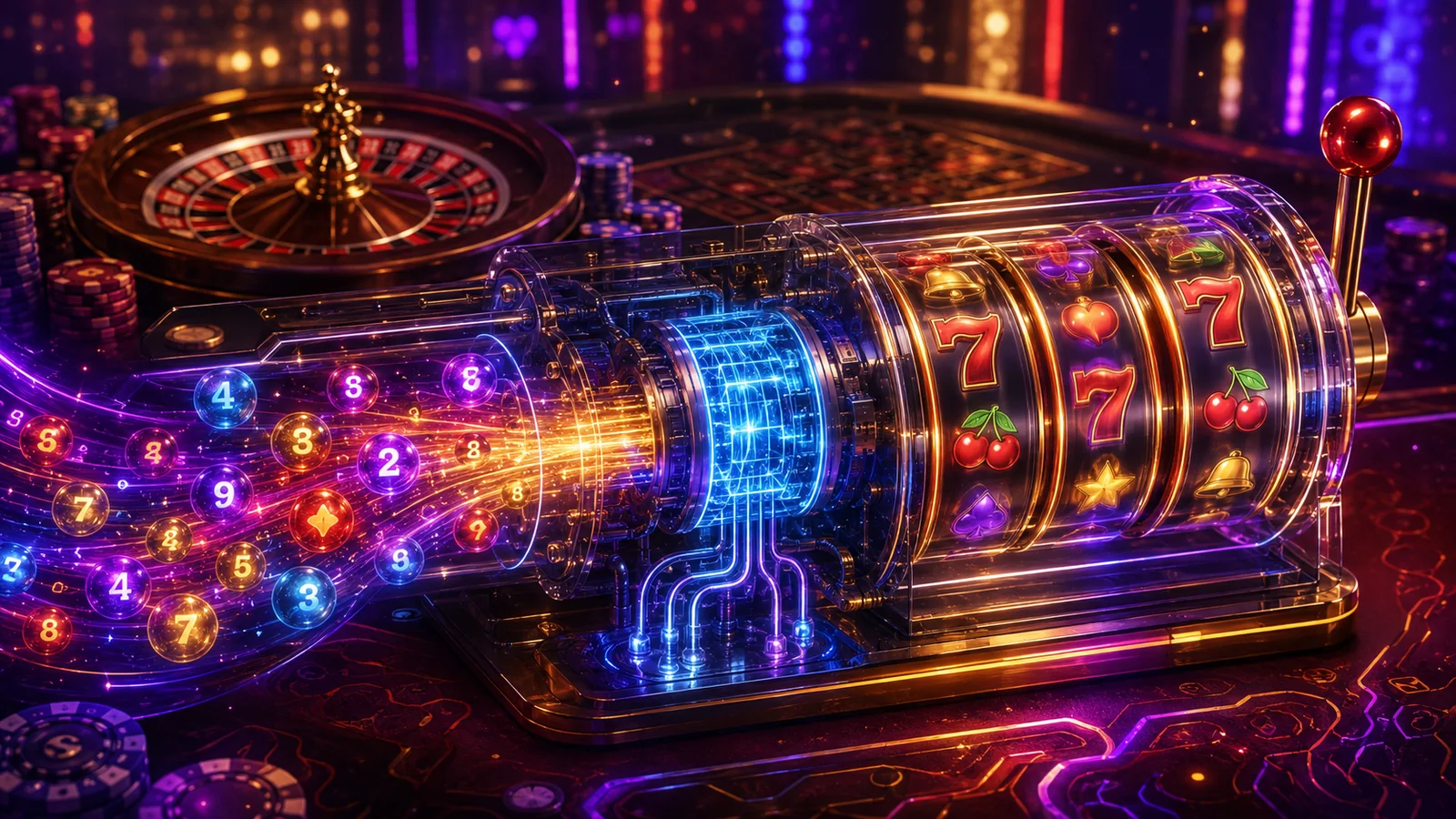 Casino-focused editorial scene illustrating Random Number Generators and Game Fairness Explained