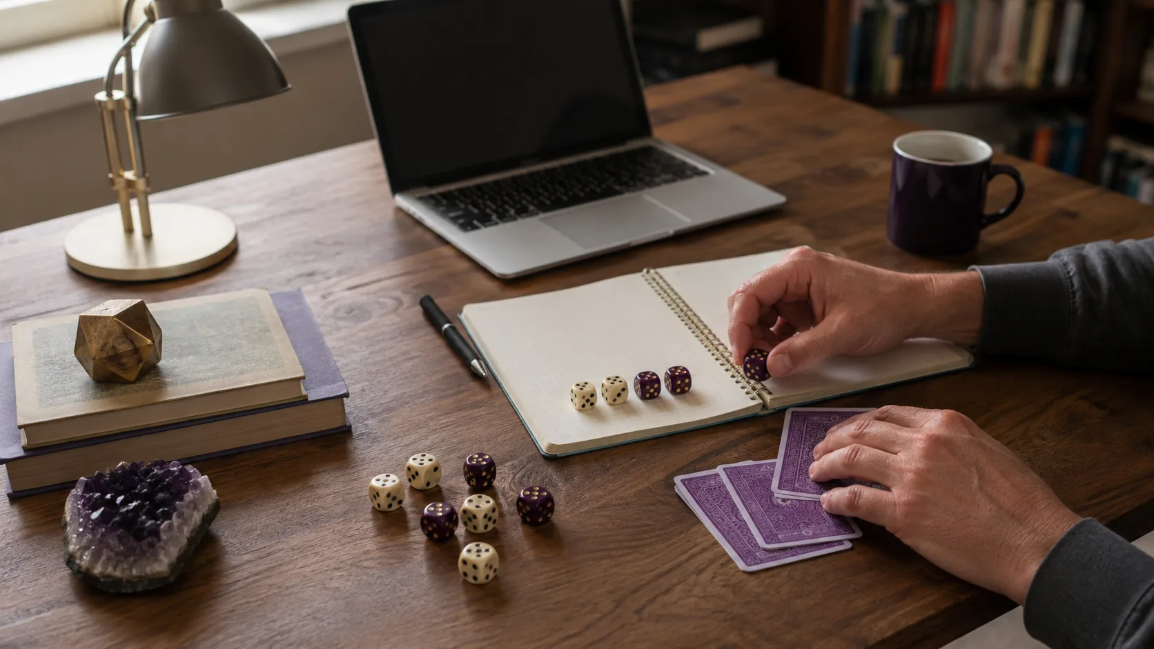 Adult studying a probability sketch with wooden number tiles on a dining table