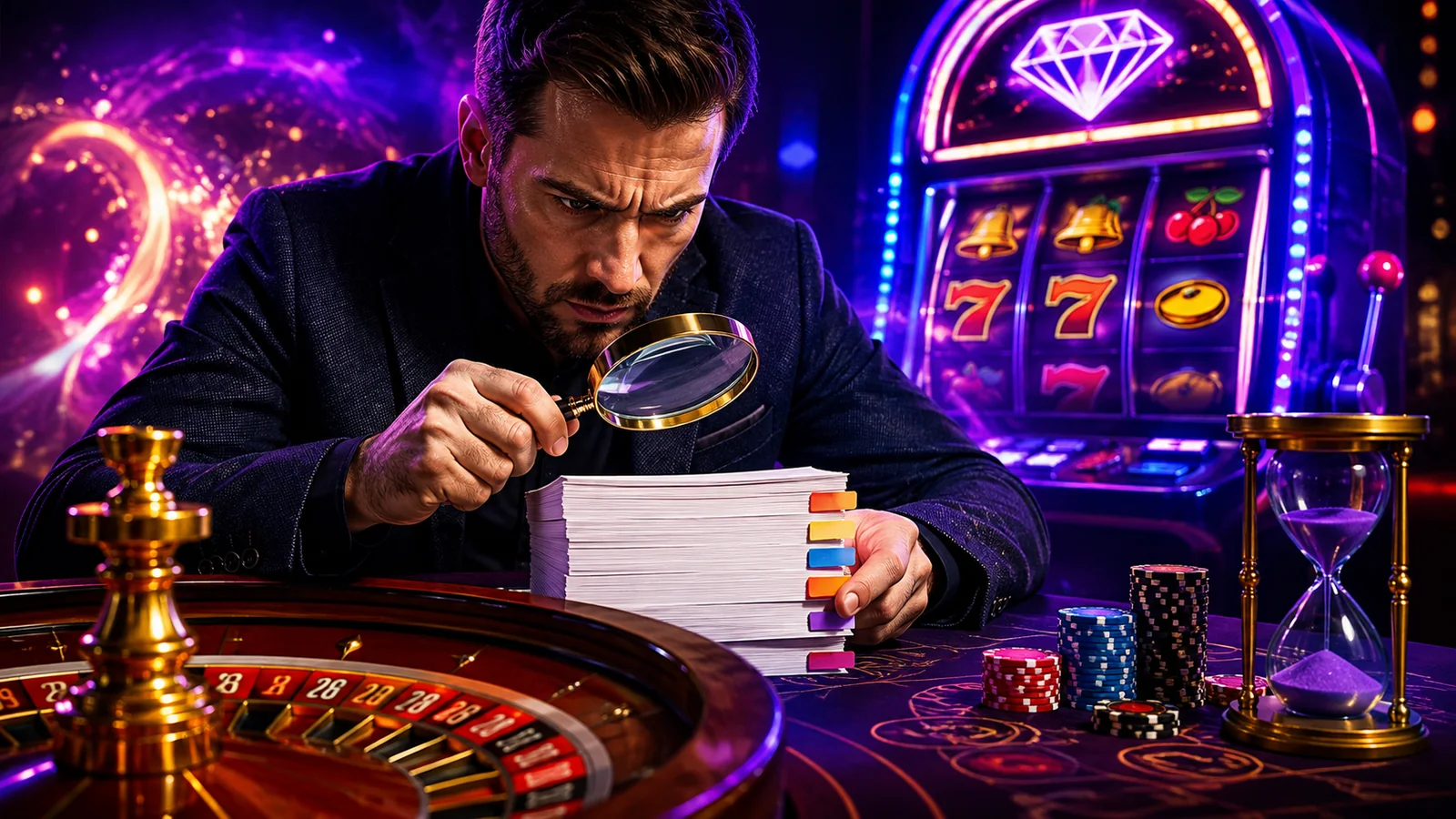 Casino-focused editorial scene illustrating Reading Casino Terms and Conditions Without Losing an Evening