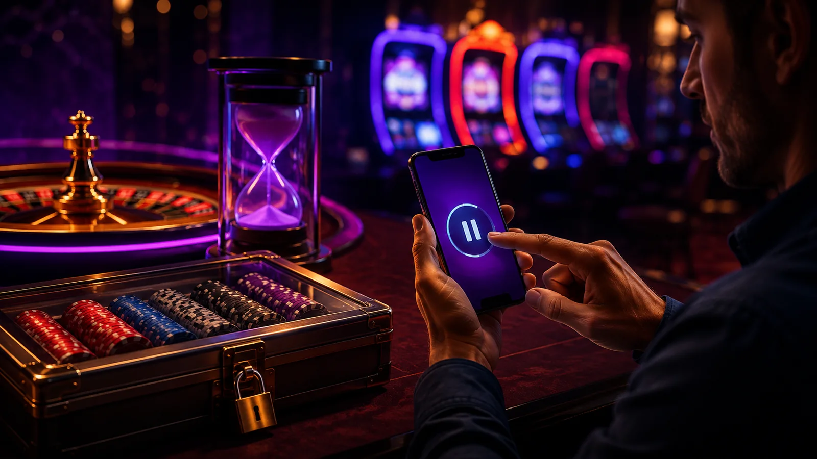 Casino-focused editorial scene illustrating Responsible Gambling Toolkits: Limits, Time-Outs, and Self-Exclusion