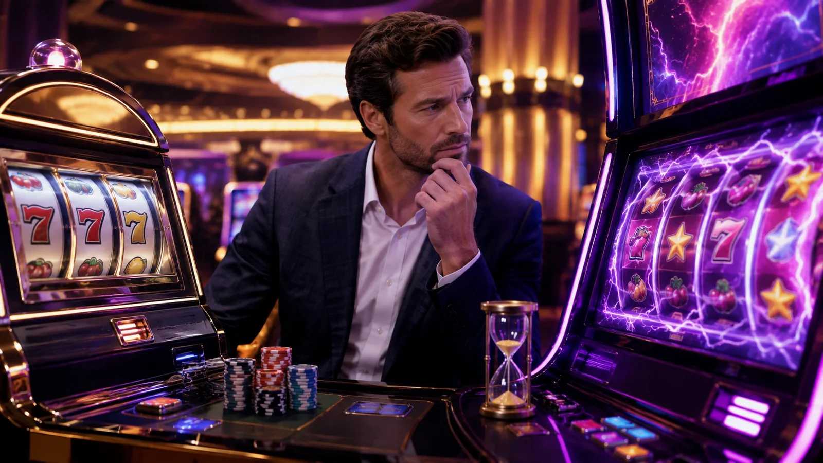 Casino-focused editorial scene illustrating Slot RTP and Volatility: Choosing a Game for Your Session