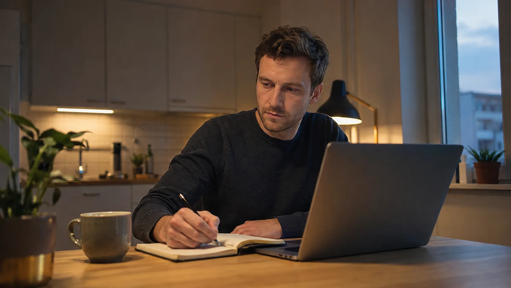 Adult mapping an online gaming service journey in a notebook beside an unbranded laptop at home