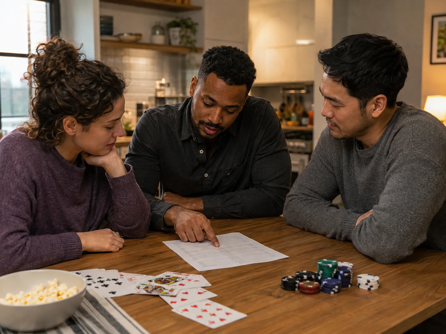 Friends comparing a card-game guide at a kitchen table